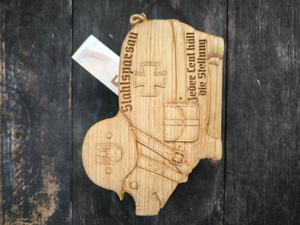 Sparschwein, Sparbüchse, Spardose -  "Stahlsparsau" aus Holz mit Musikfunktion – Handgefertigte Spardose mit individuellem MP3-Sound