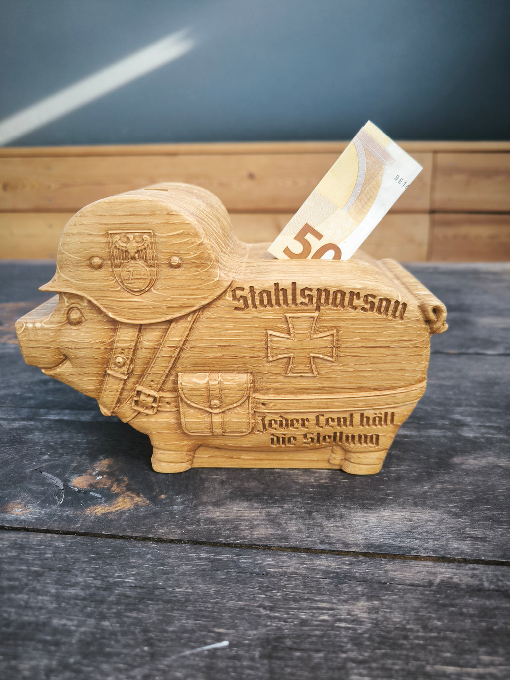 Sparschwein, Sparbüchse, Spardose -  "Stahlsparsau" aus Holz mit Musikfunktion – Handgefertigte Spardose mit individuellem MP3-Sound