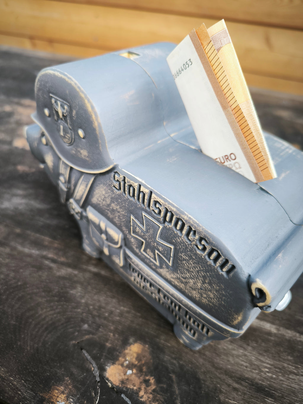 Sparschwein, Sparbüchse, Spardose -  "Stahlsparsau" aus Holz mit Musikfunktion – Handgefertigte Spardose mit individuellem MP3-Sound