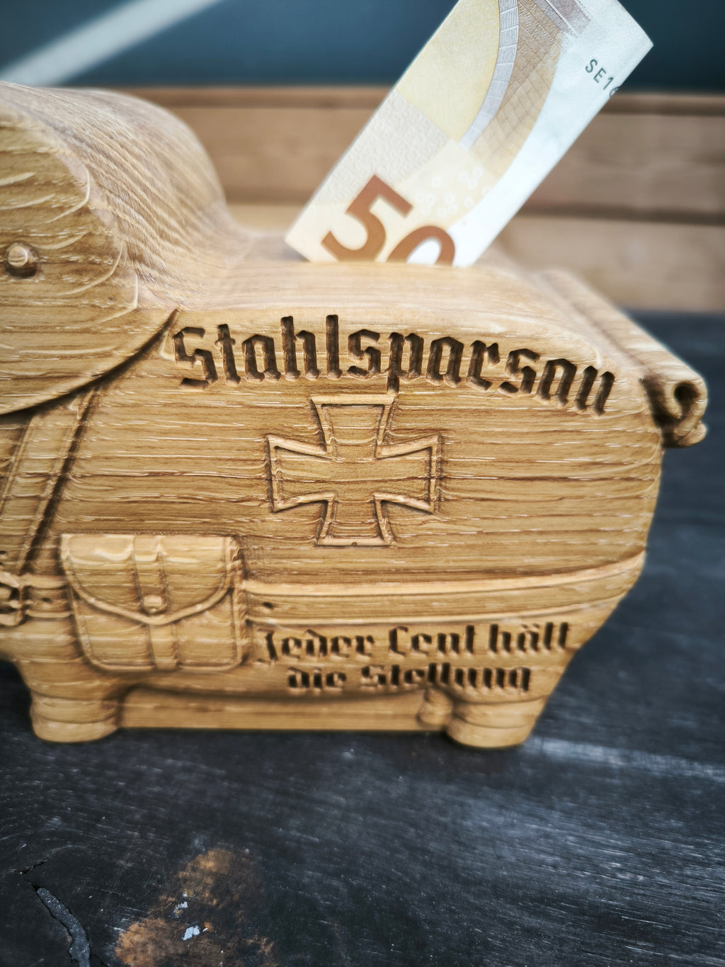 Sparschwein, Sparbüchse, Spardose -  "Stahlsparsau" aus Holz mit Musikfunktion – Handgefertigte Spardose mit individuellem MP3-Sound
